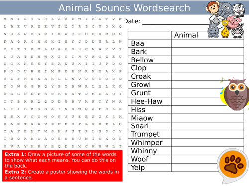 Animal Sounds Wordsearch Sheet English Onomatopoeia Starter Activity Keywords Cover