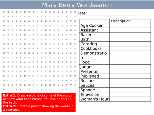 Mary Berry Wordsearch Sheet Female Chef Food Technology Starter ...