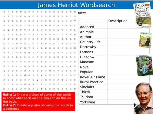 James Herriot Wordsearch Sheet English Famous Author Starter Activity Keywords Cover