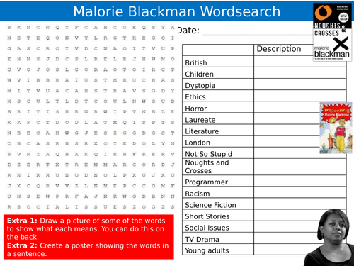 Malorie Blackman Wordsearch Sheet English Famous Author Starter Activity Keywords Cover