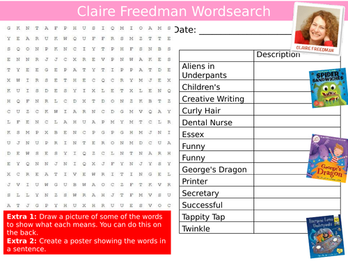 Claire Freedman Wordsearch Sheet English Famous Author Starter Activity Keywords Cover