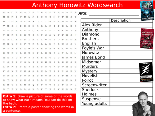 Anthony Horowitz Wordsearch Sheet English Famous Author Starter Activity Keywords Cover