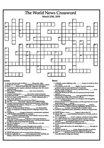 The World News Crossword March 25th 2018 Teaching Resources