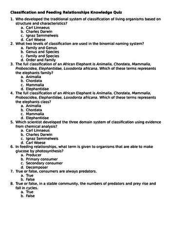 Classification and feeding relationships quiz