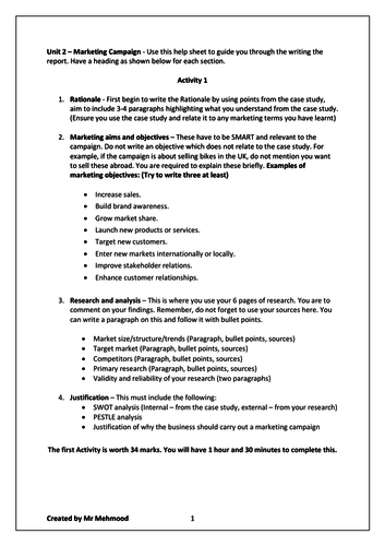 BTEC Business Unit 2 - Marketing Campaign HELP SHEET