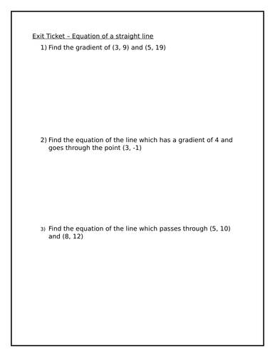 Exit Ticket - Equation of a straight line with answers