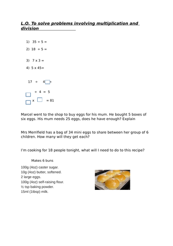 Year3 division, multiplication, word problems and missing number worksheet