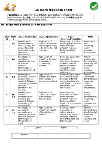 AQA A Level 15 mark feedback sheet