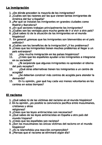 New A Level Spanish speaking: questions for topics
