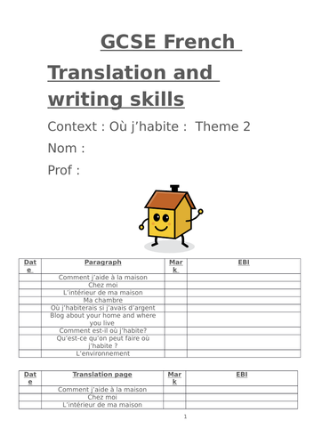 GCSE French: Ou j'habite - translation and writing skills booklet (Theme 2)