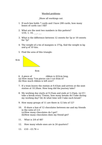 Maths worded problems y4/5/11Plus