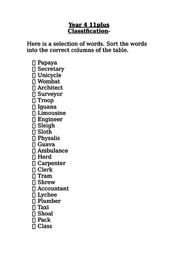 11Plus Verbal Reasoning Classification y4 VR