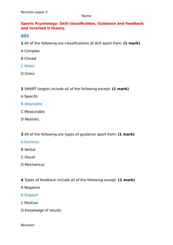 Mark scheme for Paper 2 workbook of exam questions for AQA 2018 GCSE PE