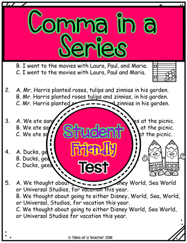 Comma in a Series Test | Teaching Resources