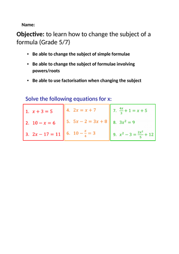 Rearranging formula Full lesson with student workbook for interview