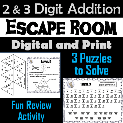 Double and Triple Digit Addition Without Regrouping Game: Escape Room Math