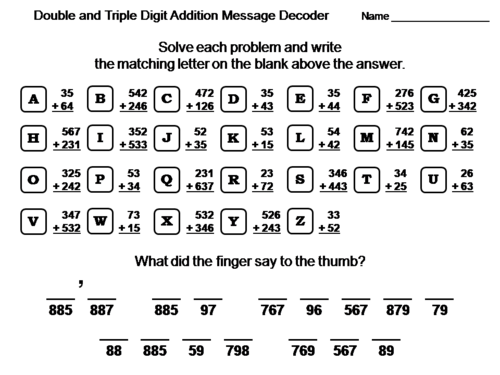 Double & Triple Digit Addition Without Regrouping Activity: Math Message Decoder