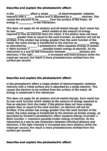 OCR Physics A H156 Quantum Physics CLOZE Tasks