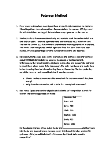 Petersen capture recapture worksheet