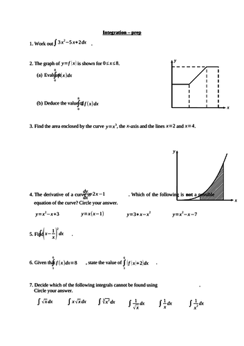 Integration (new A level maths) - notes, examples & exercises and a homework/test