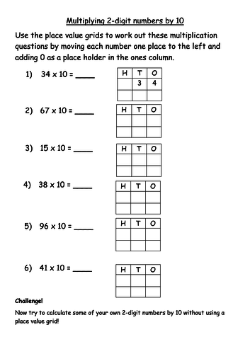 Multiplying two-digit numbers by 10 differentiated worksheets