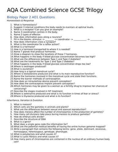 Aqa Gcse Combined Science Trilogy Biology Papers 1 And 2 Questions 4181