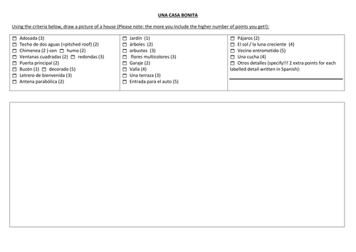 Worksheet on "la casa" suitable for Y7: draw a detailed picture of a house using certain criteria.