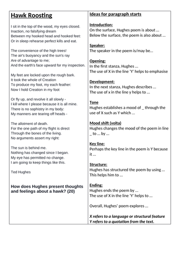 Hawk Roosting lesson and writing frames for EDUQAS 9-1 exam-style ...