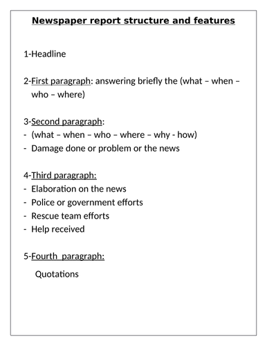 Newspaper Report/ Article Features, Structure and Success Criteria