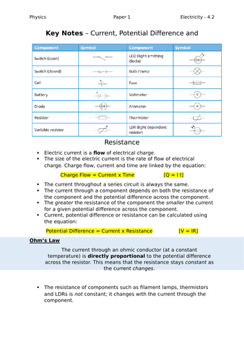 Electricity 4.2 Key Notes  AQA Physics GCSE