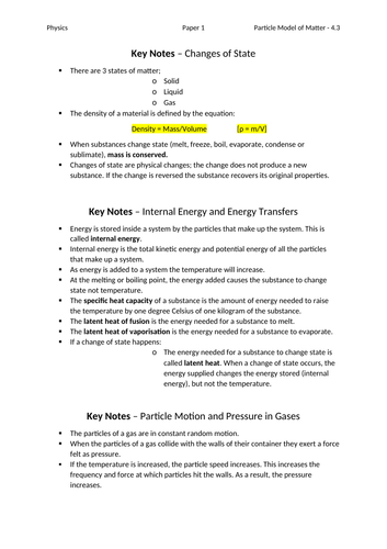 Particle Model of Matter 4.3 -  Key Notes  AQA GCSE