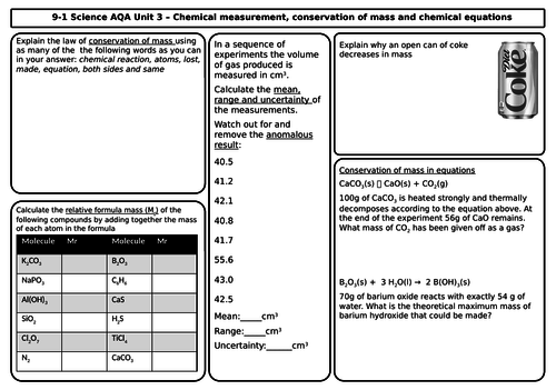 AQA Chemistry Revision Mats/Grids FOUNDATION Unit 3 & 4 Quantitative, Metals, Acids, Electroylsis