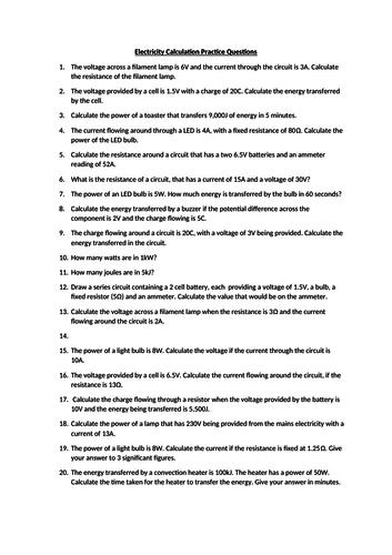 Electricity Equation Practice Questions (9-1 AQA GCSE)