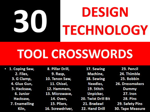 30 Crosswords Design Technology Tools KS3 GCSE Keyword Starters Crossword Cover Lesson Homework