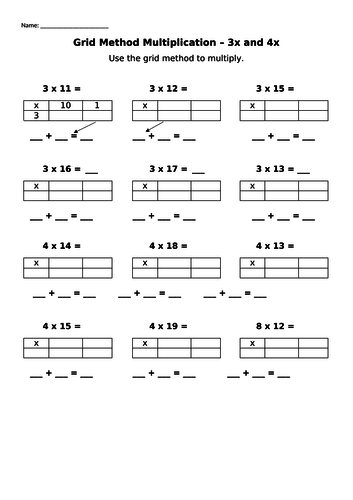 Grid Multiplication Worksheets: 3x, 4x , 8x and Word Problems