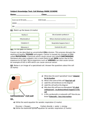 Cell Biology Subject Knowledge Mini Test and Mark Scheme