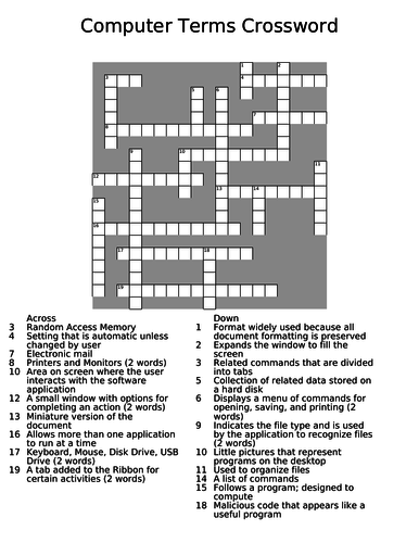 Computer Terms Crossword Answers Teaching Resources