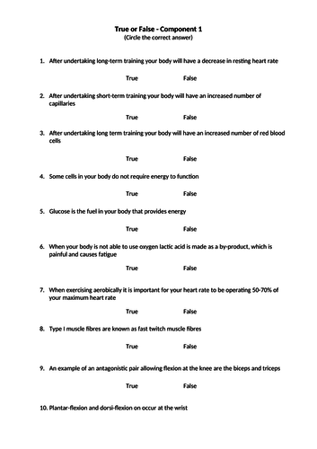 True or false Questions for GCSE PE (Edexcel 2016 onwards)