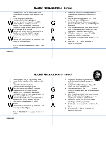 teacher feedback form on general marking