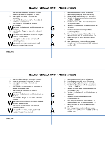 teacher feedback form on atomic structure year 9 new specification with www and ebi