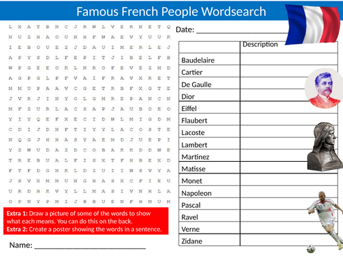 Famous French People Wordsearch Sheet Starter Activity Keywords France History Teaching Resources