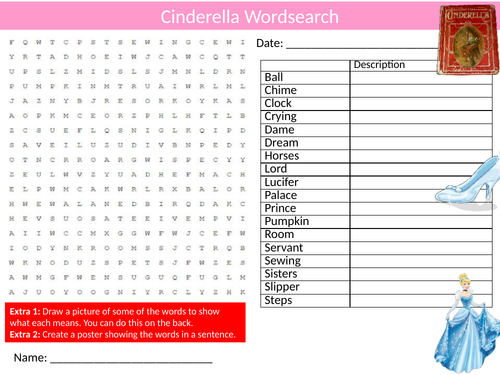 Cinderella Novel Fairytale Wordsearch Sheet Starter Activity Keywords English Literature