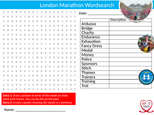 The London Marathon Wordsearch Sheet PE Sports Starter Activity Keywords Cover