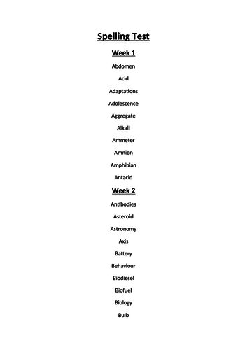 Science spelling test -17 weeks