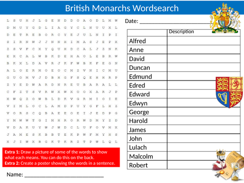 British Monarchs Wordsearch Sheet History Kings & Queens Starter Activity Keywords Cover