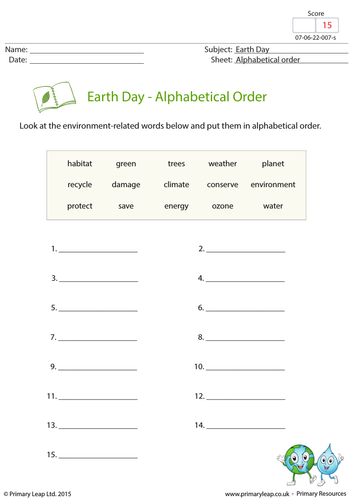 Science Resource: Earth Day - Alphabetical Order