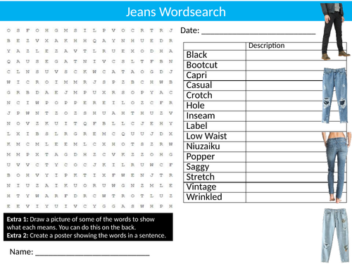 Jeans Wordsearch Sheet Starter Activity Keywords Cover Textiles Clothing