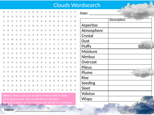 Clouds Wordsearch Sheet Starter Activity Keywords Cover Geography