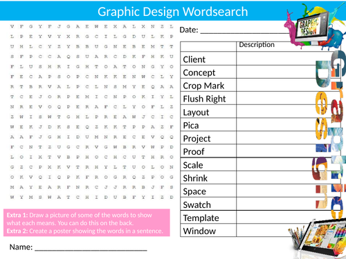 Graphic Design Wordsearch Sheet Starter Activity Keywords Cover Art Technology