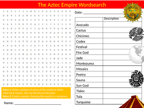 The Aztec Empire Wordsearch Sheet Starter Activity Keywords Cover History